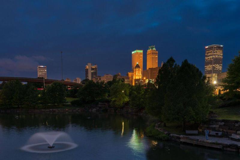 View of Tulsa Skyline at dusk from Centennial Park, Oklahoma