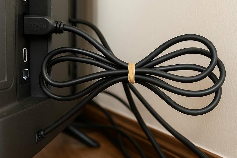 A rubber band tied around cords behind a TV. 