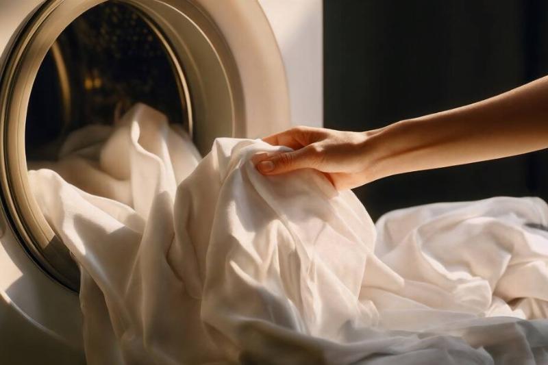 Hands putting shower curtain in washing machine.