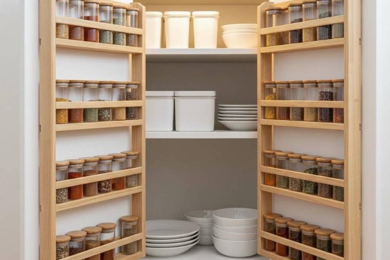BEKVÄM spice racks inside a kitchen cabinet door.