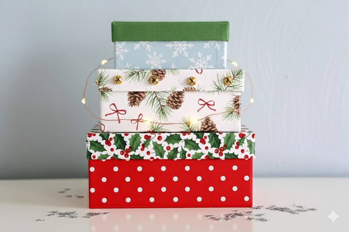 Boxes covered in wrapping paper.