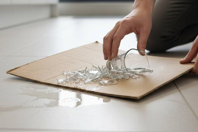 A person using a piece of cardboard to pick up broken glass.