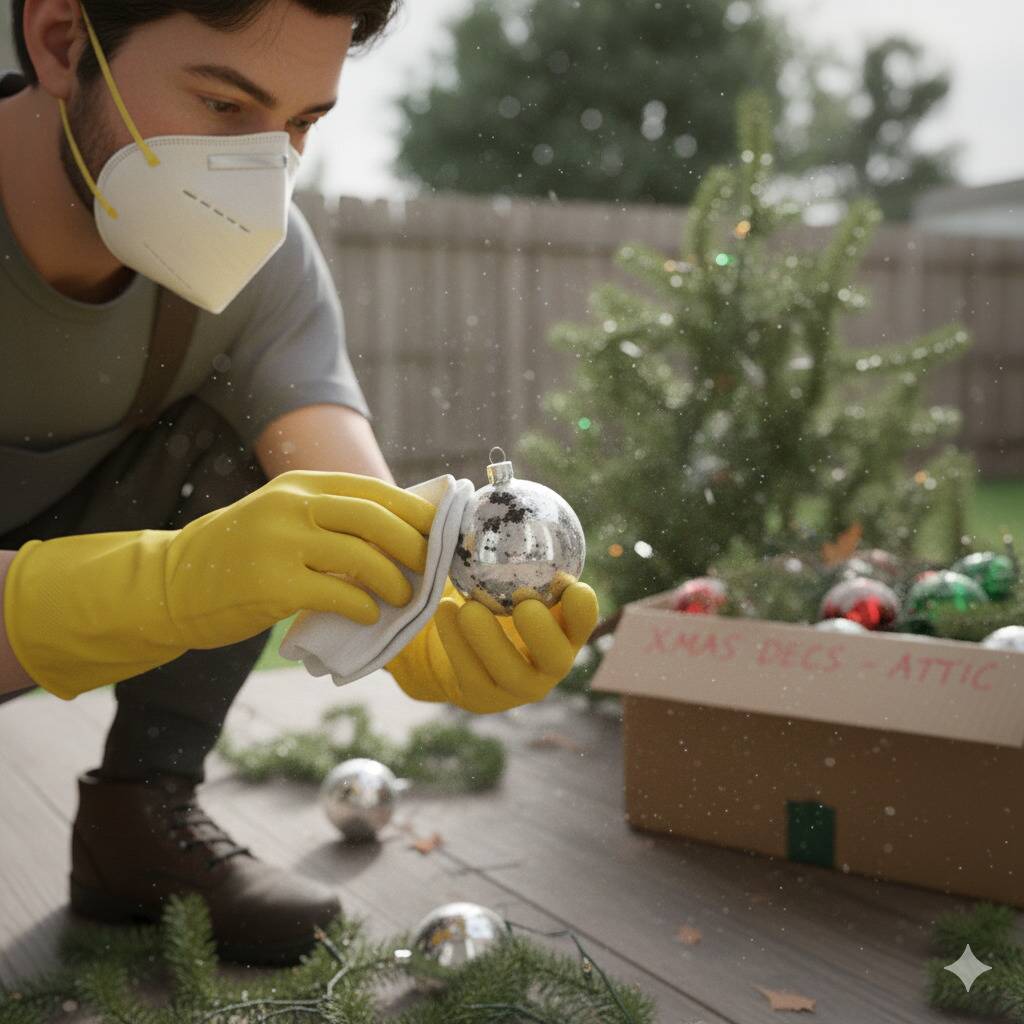 A man wearing a mask and gloves is cleaning hard ornaments outside. 