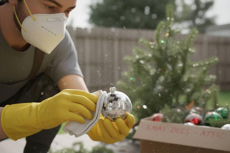 Чистка украшений Мужчина в маске и перчатках чистит на улице твердые украшения.