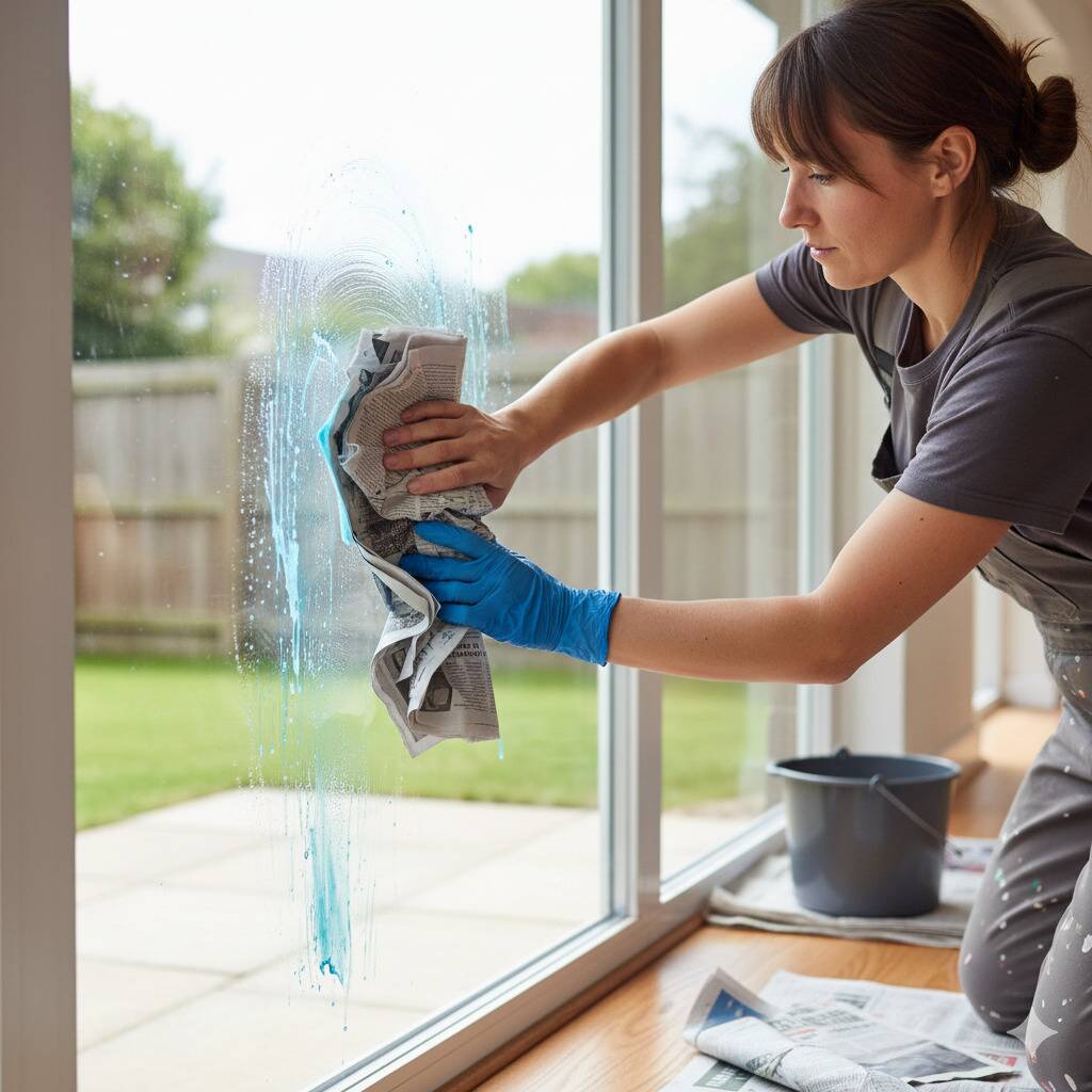 A woman cleaning a window with newspaper. 