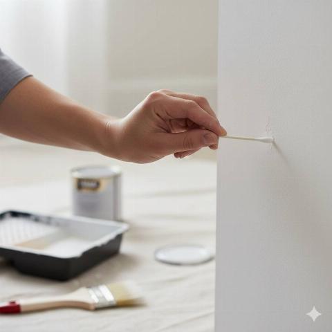 A hand holding a cotton swab and using it to touch up paint on a wall. 