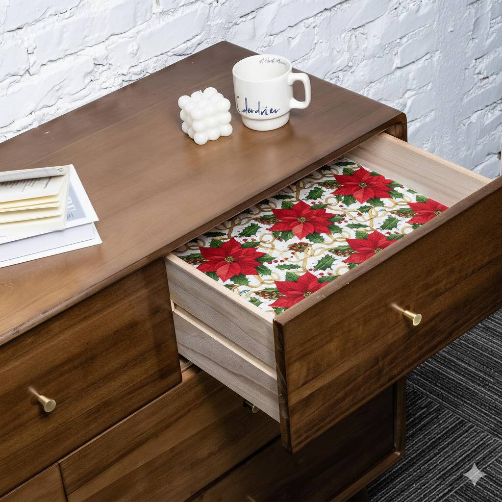 Wrapping paper used as a drawer liner. 