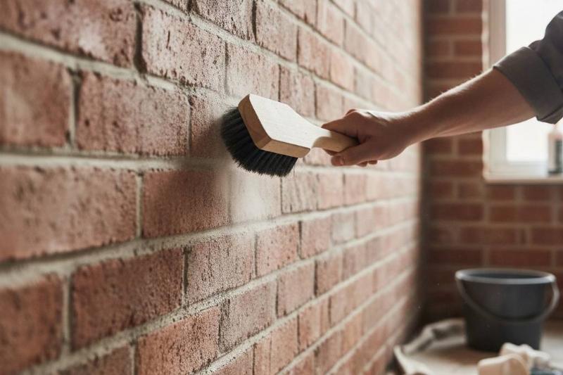 A hand holding a stiff brush cleaning dirt off of a brick wall. 