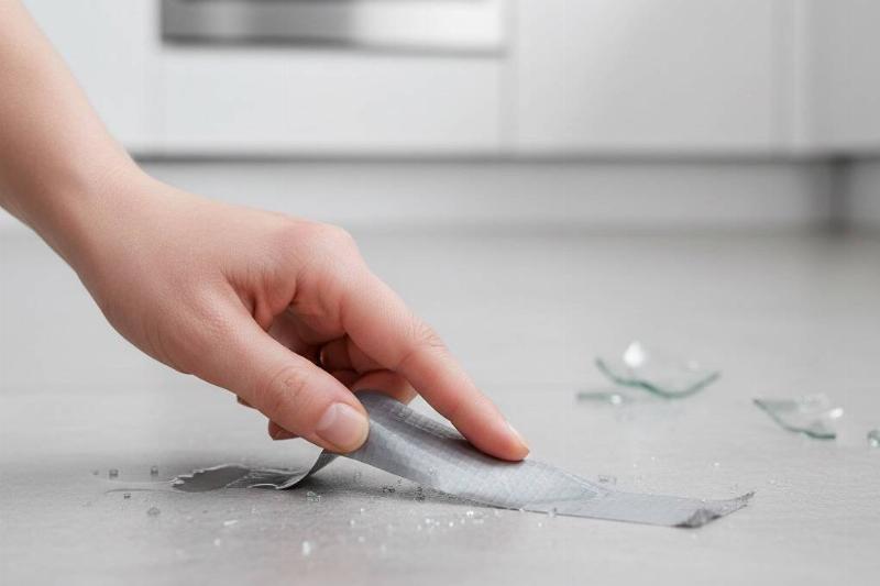 A hand using duct tape to pick up tiny pieces of broken glass.