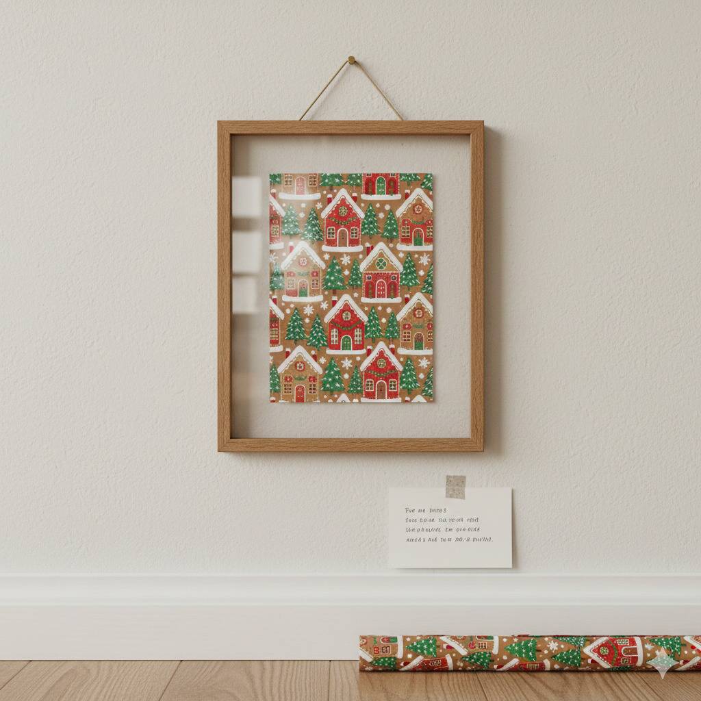 Framed Christmas wrapping paper. 
