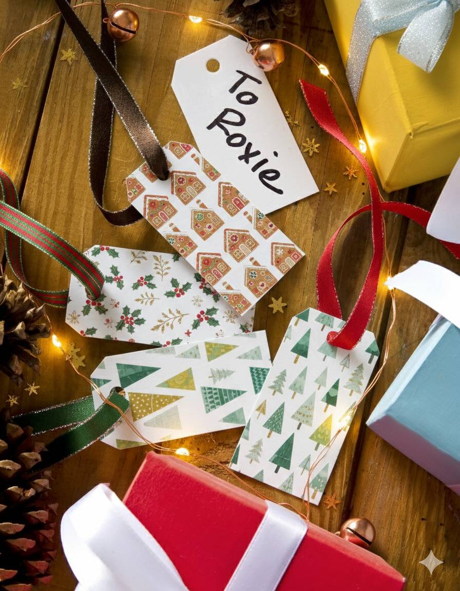 Leftover wrapping paper used as gift tags.