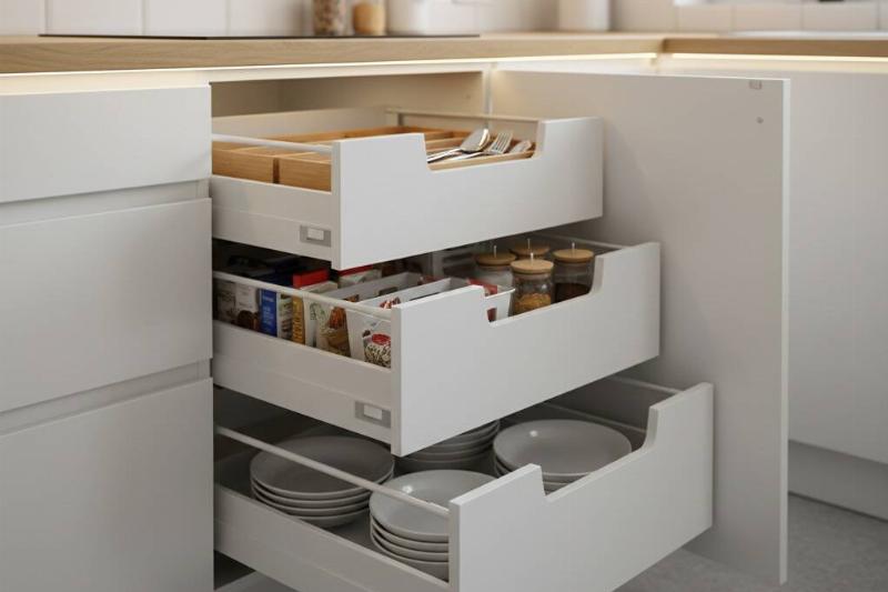 MAXIMERA pull outs inside of a kitchen cabinet.