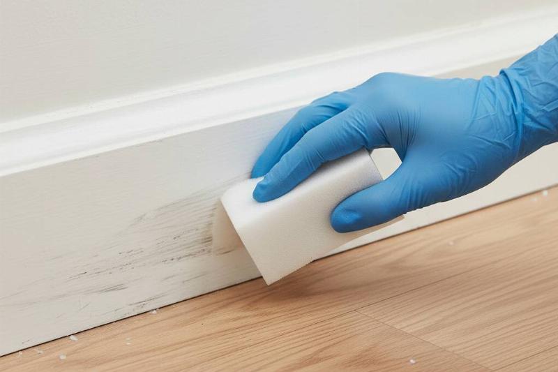 A Magic Eraser being used to clean dirt off of baseboards. 