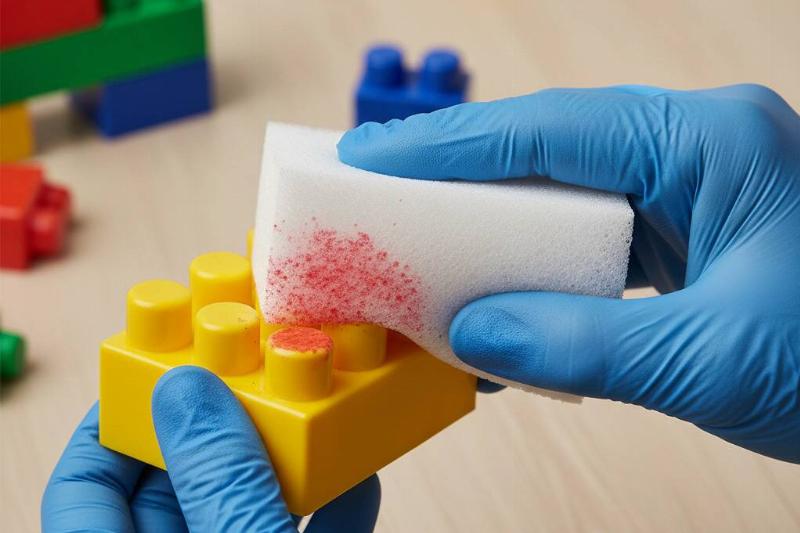 A Magic Eraser being used to remove crayon from plastic blocks.