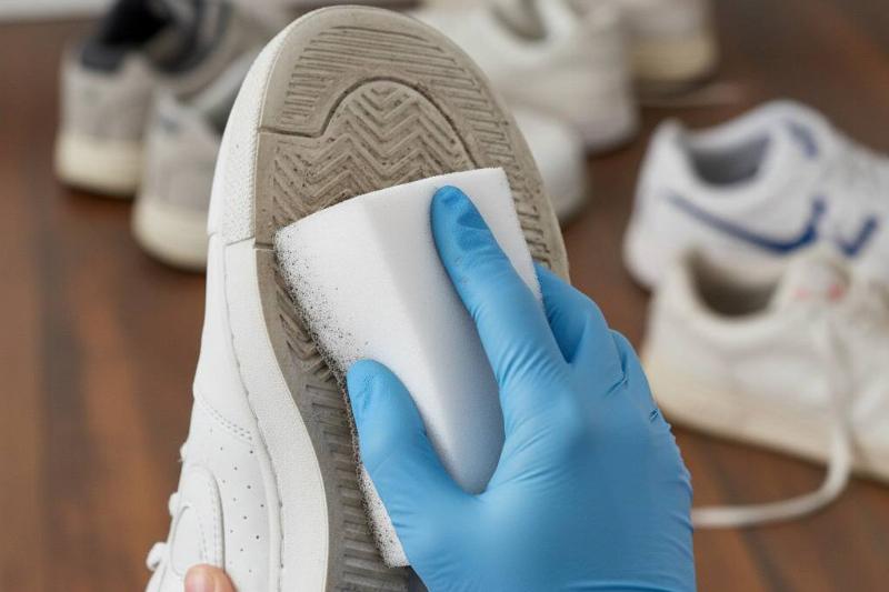 A Magic Eraser used to clean dirt off the bottom of a shoe.