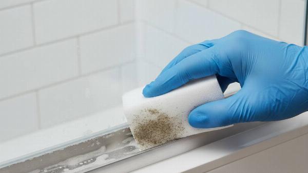 A Magic Eraser being used to clean soap scum off of shower tracks. 