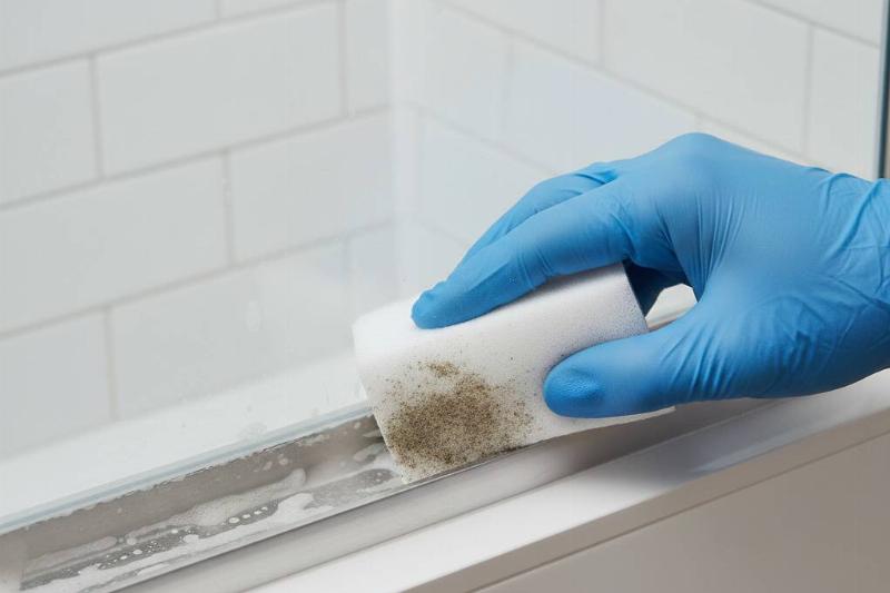 A Magic Eraser being used to clean soap scum off of shower tracks. 