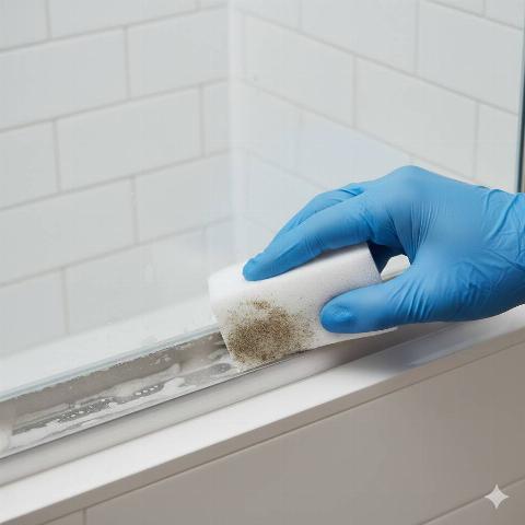 A Magic Eraser being used to clean soap scum off of shower tracks. 