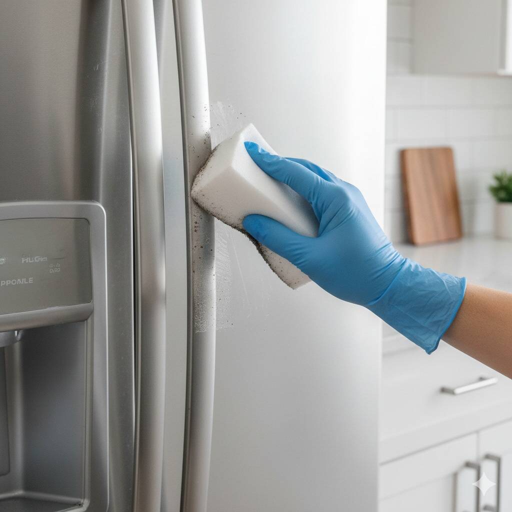A Magic Eraser being used to clear grime off of a fridge door handle.