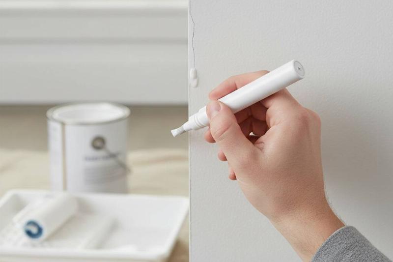 Paint pen being used to touch up paint on a wall. 