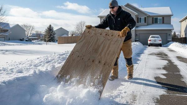 A man using a piece of plywood to clear driveway.