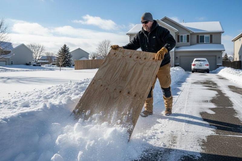 A man using a piece of plywood to clear driveway.