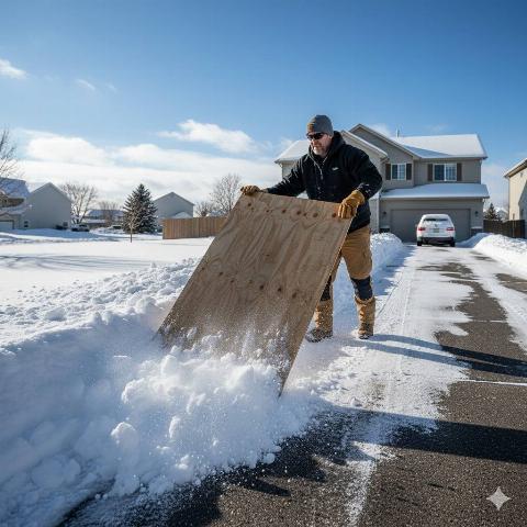 A man using a piece of plywood to clear driveway.