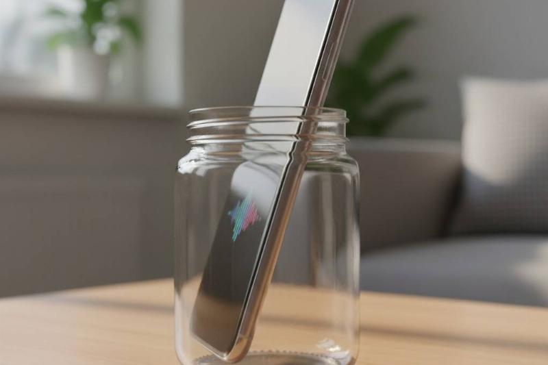 A smartphone half-in a glass jar. 