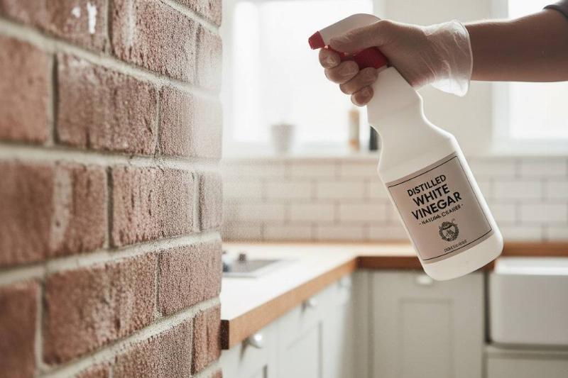 A hand spraying distilled vinegar on brick. 