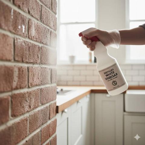 A hand spraying distilled vinegar on brick. 