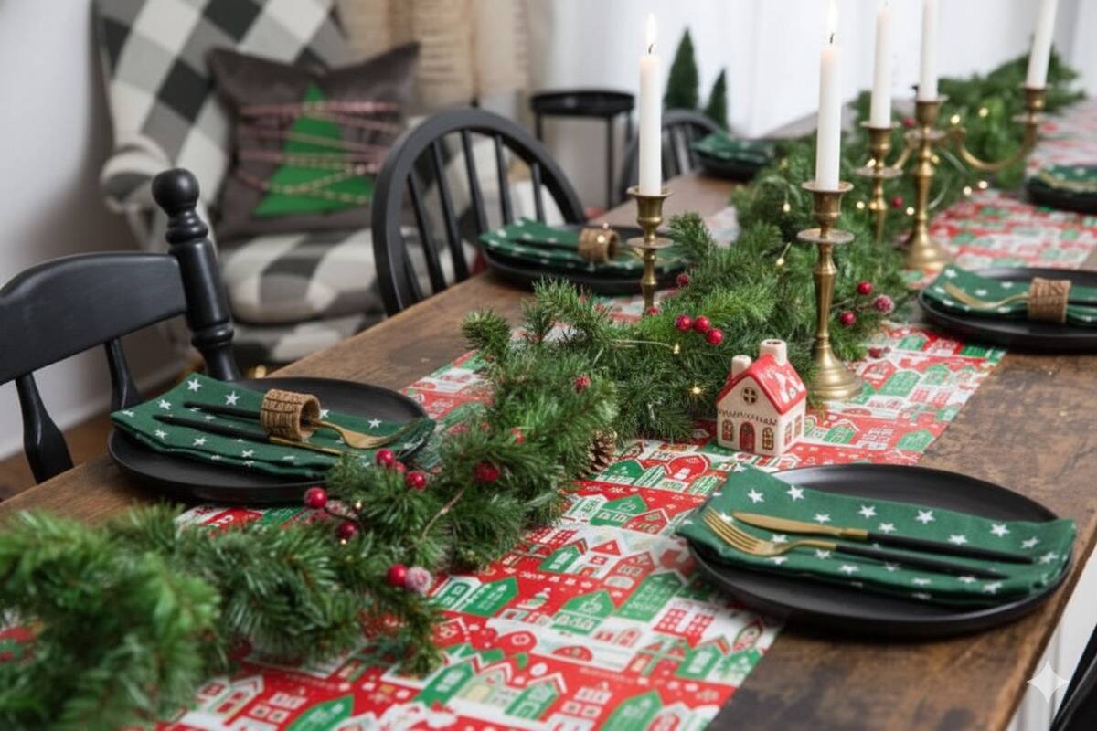 Leftover wrapping paper used as a festive table runner. 