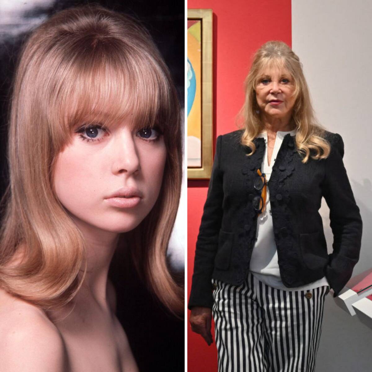 Portrait of Pattie Boyd + Pattie Boyd standing next to a painting