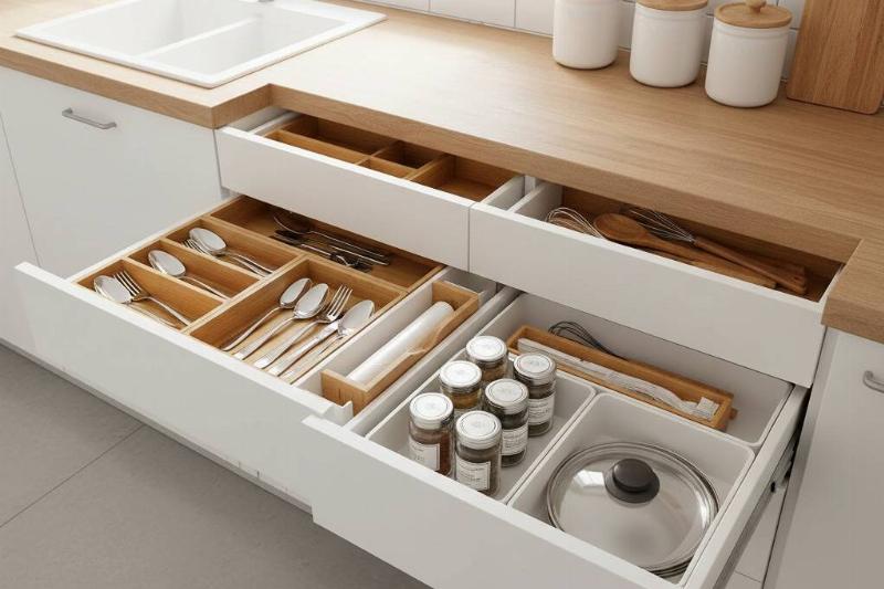 VARIERA inserts used to organize kitchen drawers.