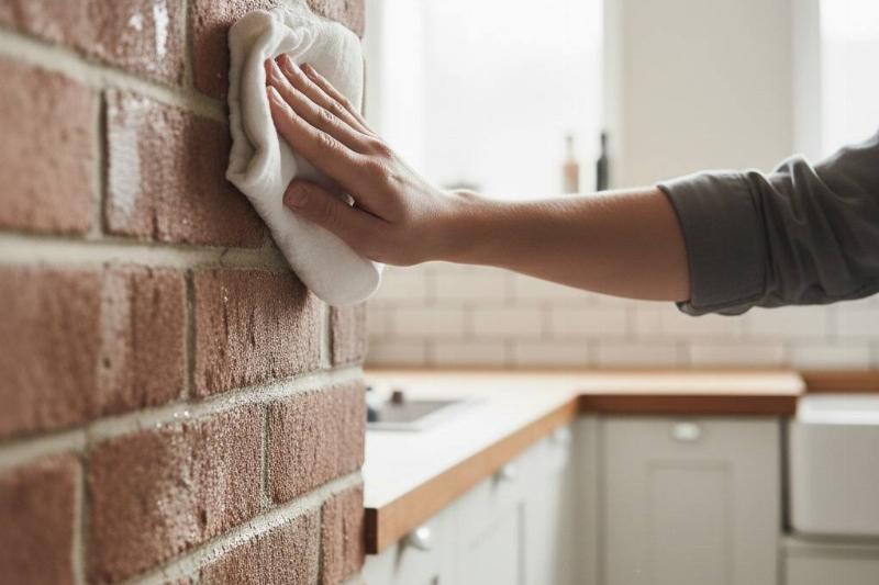 A damp washcloth being used to wipe down brick wall. 