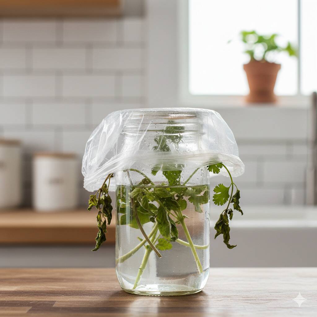 Wilted herbs in a glass jar with a plastic bag on top. 
