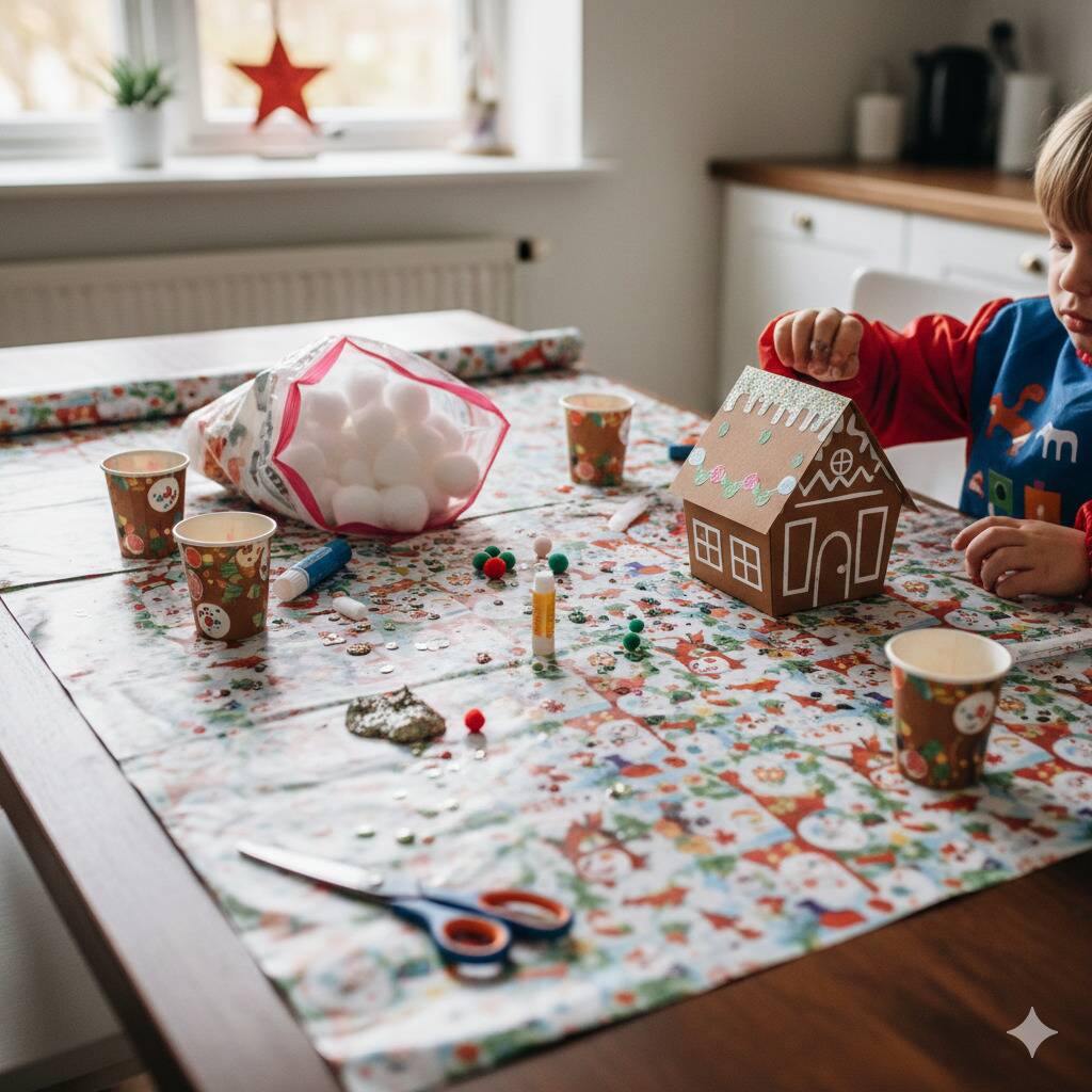 Christmas wrapping paper being used to protect a table as a kid makes a gingerbread house on it.