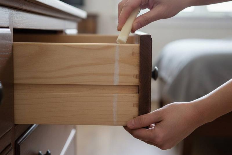 A hand applying wax to the side of a drawer