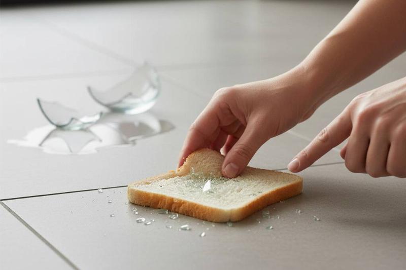 A piece of bread being used to pick up pieces of broken glass.