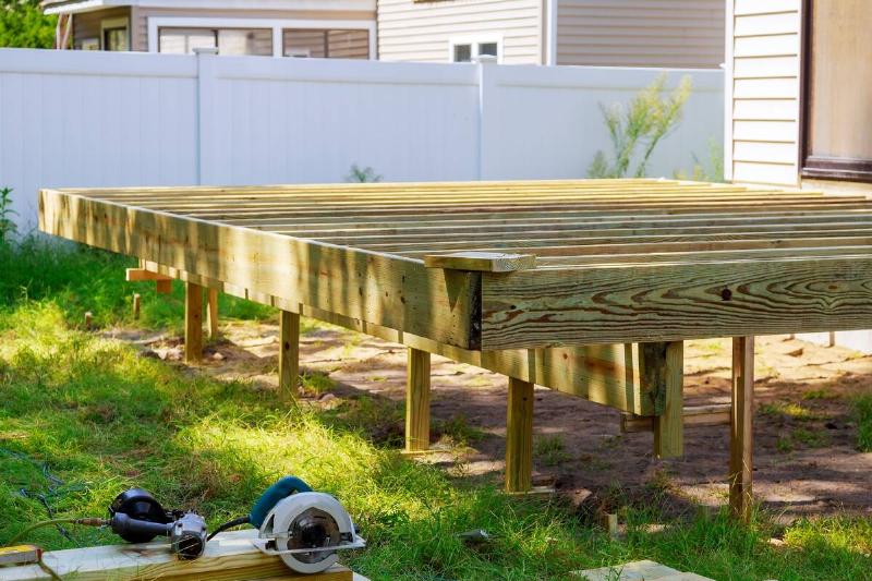 A half-built wooden deck. 