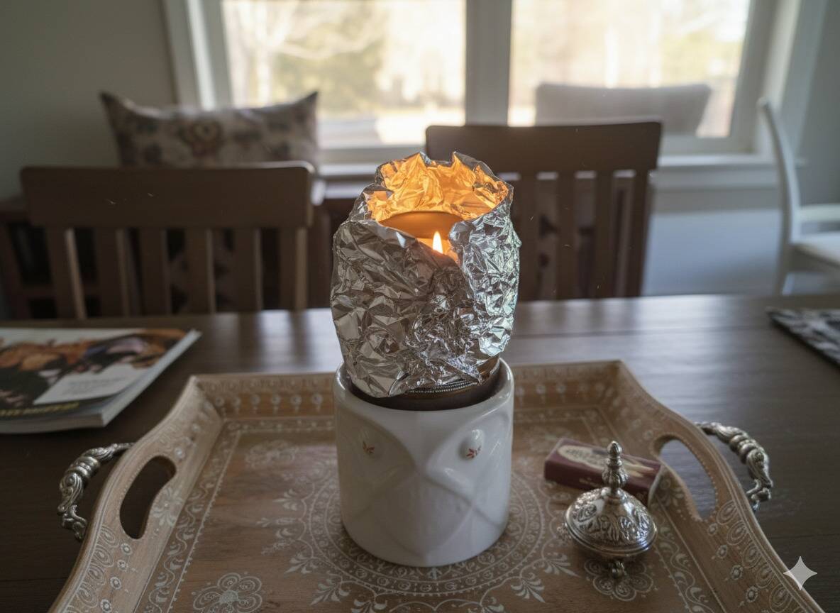 A candle wrapped in aluminum foil to help it burn more evenly.