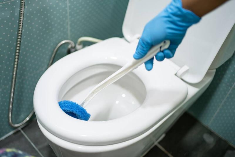 Person cleaning toilet bowl with brush in bathroom at home.
