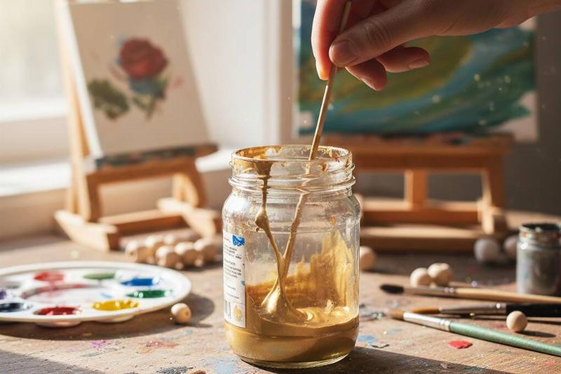 A glass jar being reused to mix paint. 