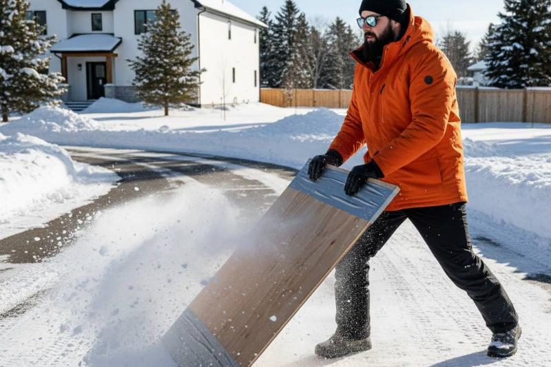 A man pushing a piece of plywood to clear snow off of his driveway. 