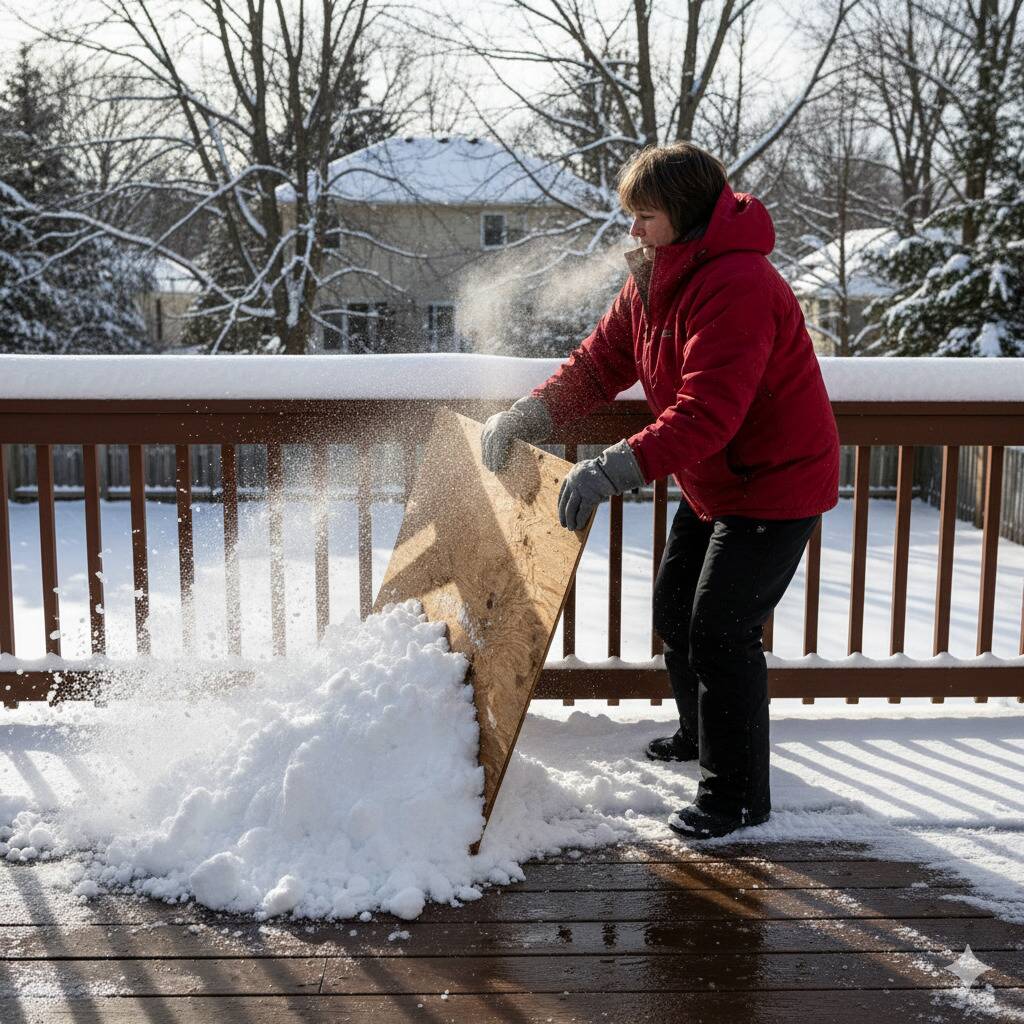 A woman using plywood to push snow off of a back deck. 