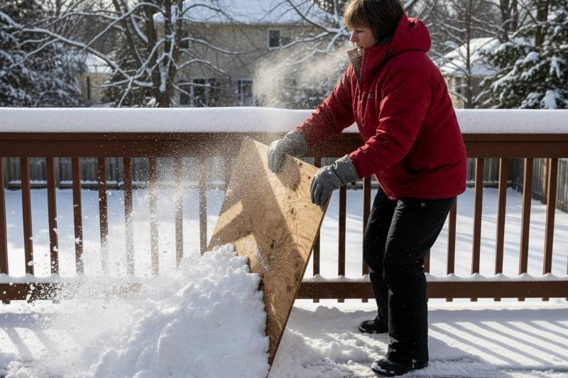 уборка снега из фанеры Женщина счищает снег с задней палубы фанерой.