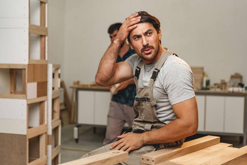 Man holding his head in woodworking workshop after making a mistake. 