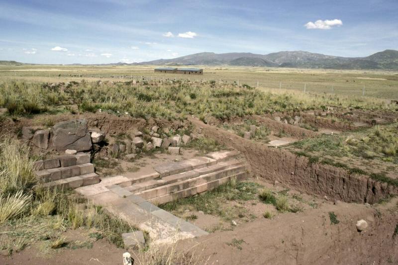 Temple architecture emerging from the soil at the Puma punku sector of Tiahuanaco (Tiwanaku)