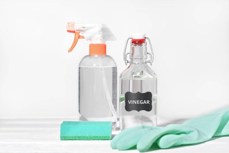 White vinegar, a spray bottle, and other cleaning supplies. 