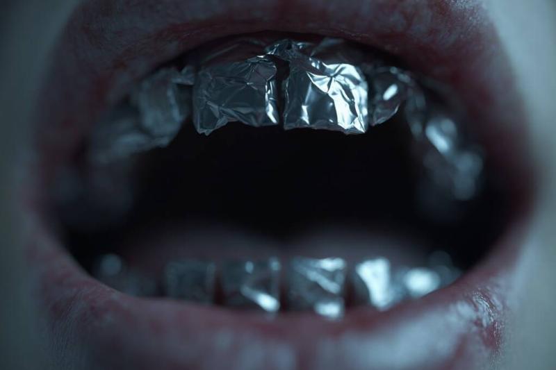AI rendering of an open mouth, with the teeth wrapped in aluminum foil