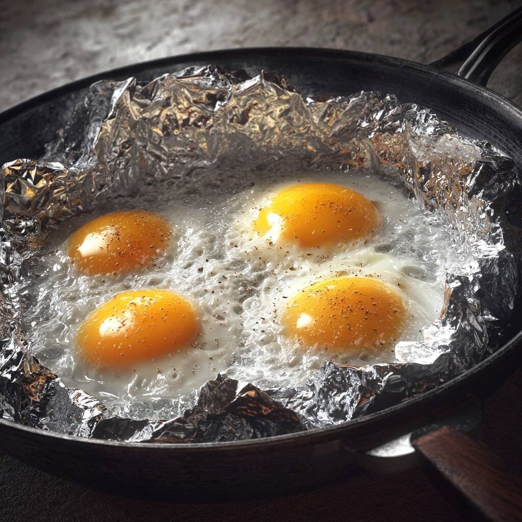 AI rendering of four eggs being fried in a frying pan, with tin foil placed between the eggs and the pan's surface